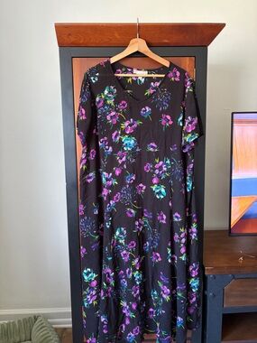 Woman Within Black Maxi Dress with Purple & Teal Floral Print